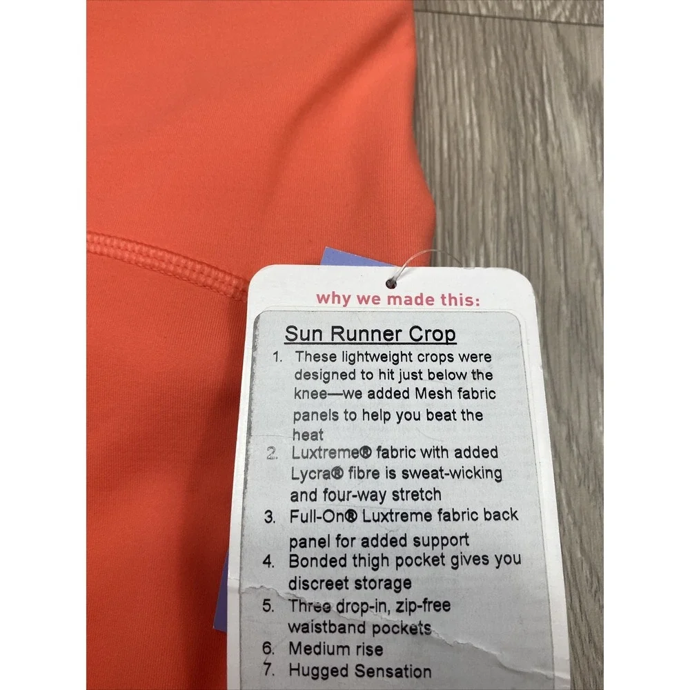 New Lululemon Sun Runner Crop Leggings Coral Color Womens 8 Running Yoga Active